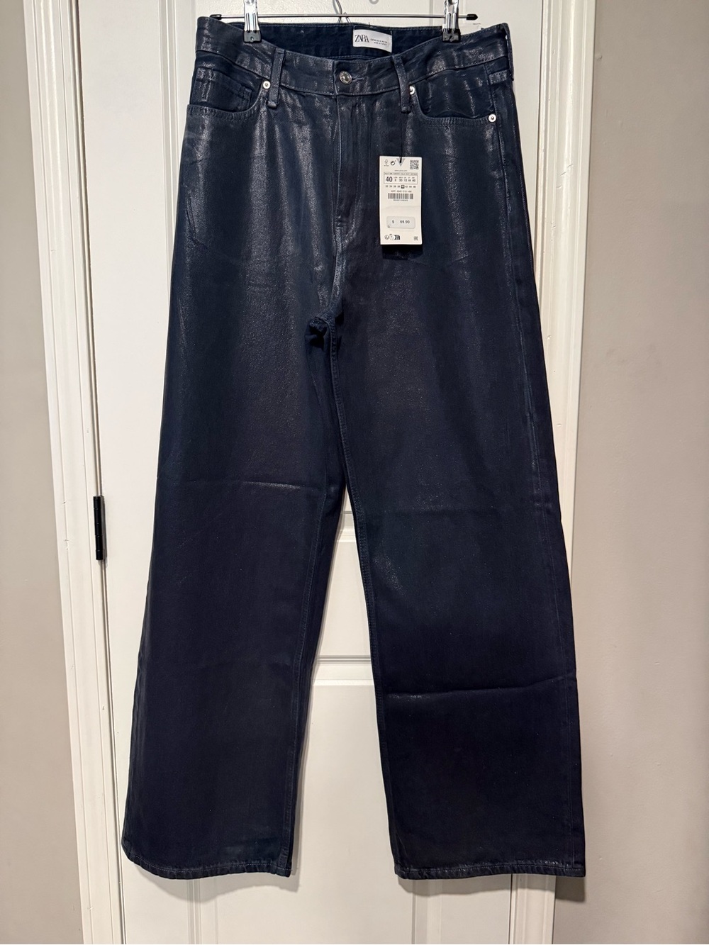 Zara Black Coated Denim Wide-Leg Pants [BLUE]